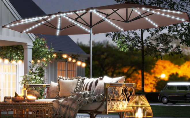 Outsunny 15ft Double Sided Outdoor Umbrella with Solar Lights Outsunny 15ft Double Sided Outdoor Umbrella with Solar Lights