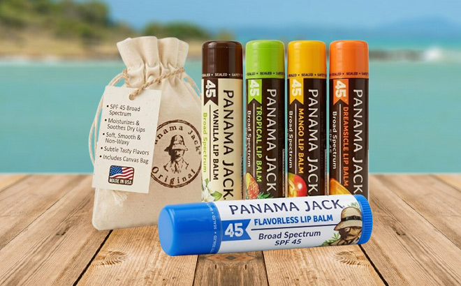 Panama Jack Sunscreen Lip Balm SPF 45 5 Pack on the Table