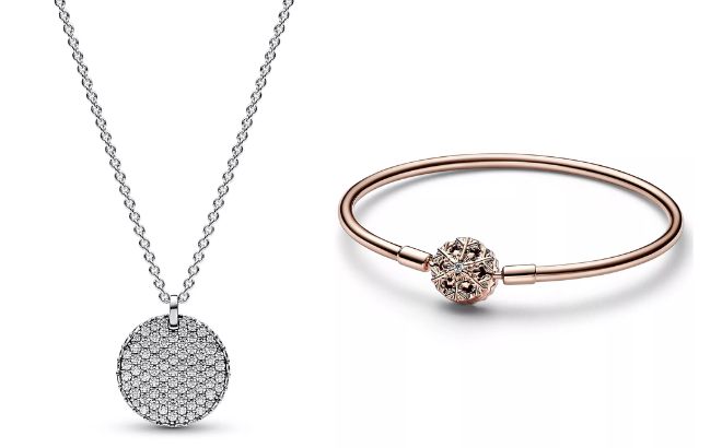 Pandora Sterling Silver Round Disc Collier Necklace and Rose Gold Plated Snowflake Clasp Bangle Bracelet Pandora Sterling Silver Round Disc Collier Necklace and Rose Gold Plated Snowflake Clasp Bangle Bracelet