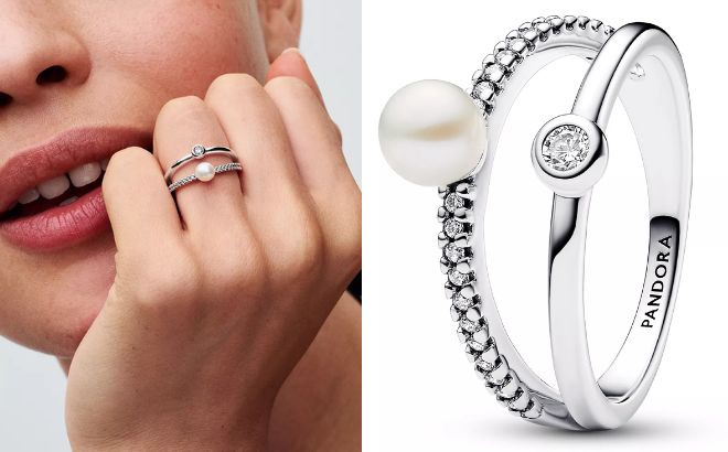 Pandora Sterling Silver Timeless Treated Freshwater Cultured Pearl Pave Double Band Ring Pandora Sterling Silver Timeless Treated Freshwater Cultured Pearl Pave Double Band Ring