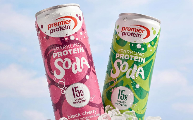 Premier Protein Sparkling Soda in Black Cherry and Lemon Lime Premier Protein Sparkling Soda in Black Cherry and Lemon Lime