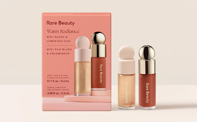 Rare Beauty Mini Warm Radiance Blush Luminizer Duo on the Table Rare Beauty Mini Warm Radiance Blush Luminizer Duo on the Table