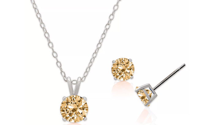 Solitaire Simulated Gemstone Round Pendant Necklace with Matching Stud Earrings 2 Piece Set