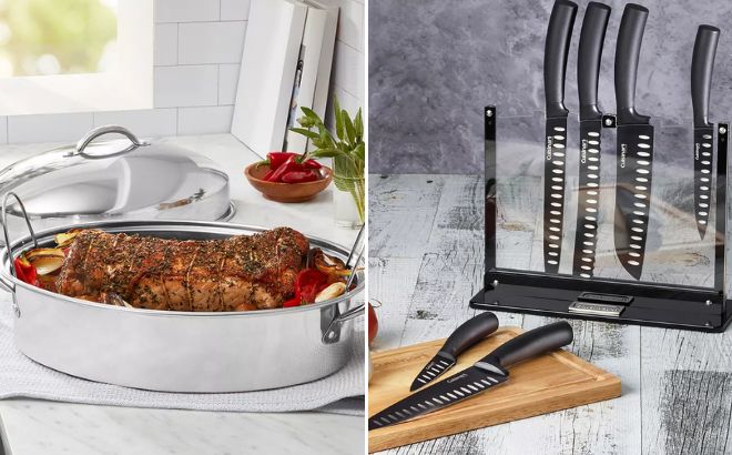 The Cellar Stainless Steel 8 Qt Covered Oval Roaster with Rack and Cuisinart Nonstick Edge 7 Piece Cutlery Set with Stand The Cellar Stainless Steel 8 Qt Covered Oval Roaster with Rack and Cuisinart Nonstick Edge 7 Piece Cutlery Set with Stand