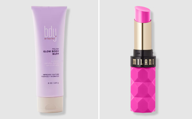 bdy Glow Body Buff Purifying Gentle Scrub and Milani Color Fetish Balm Lipstick bdy Glow Body Buff Purifying Gentle Scrub and Milani Color Fetish Balm Lipstick