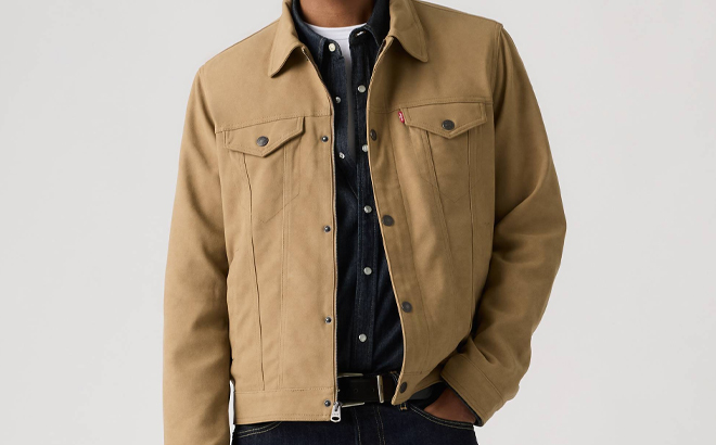 A Man Wearing Levis Vintage Faux Cow Suede Trucker Jacket