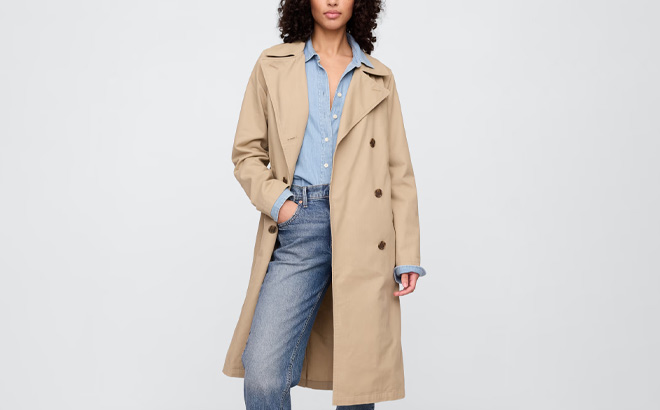 A Person Wearing GAP Factory Modern Trench Coat