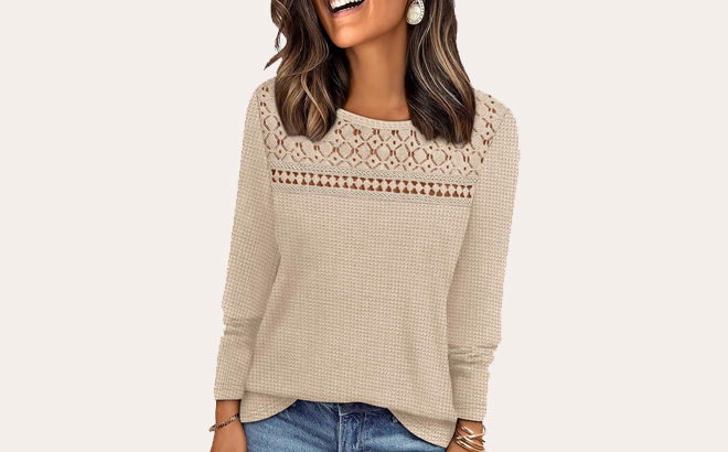 A Person Wearing Wiholl Womens Lace Long Sleeve Shirt