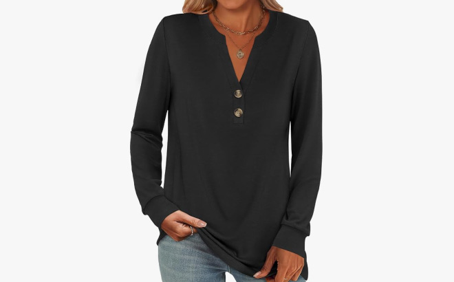 A Woman Wearing ANRABESS Long Sleeve Henley Top A Woman Wearing ANRABESS Long Sleeve Henley Top