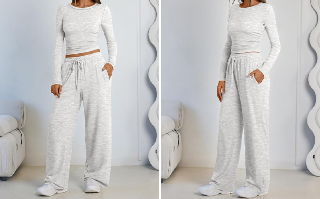 A Woman Wearing LILLUSORY 2 Piece Lounge Set in Oatmeal Grey