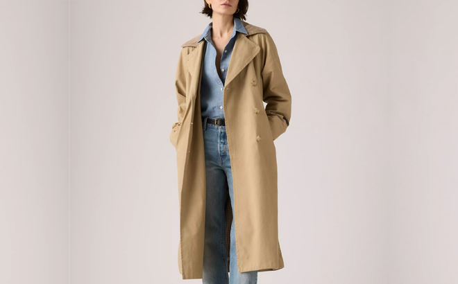 A Woman Wearing Levis Bree Classic Long Trench Coat