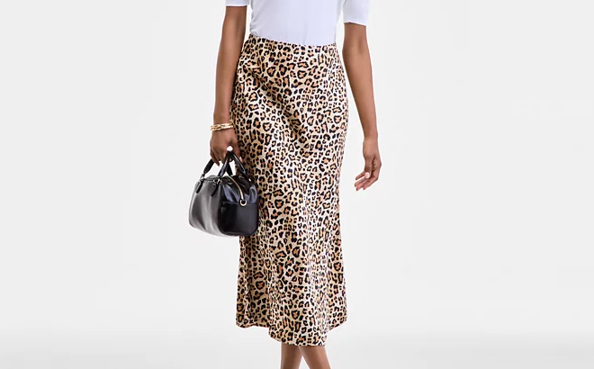 A Woman Wearing On 34th Printed Midi Slip Skirt