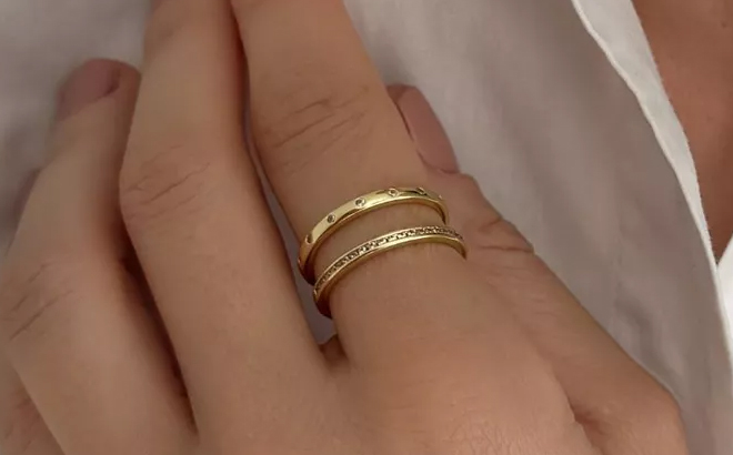 Adornia 14k Gold Eternity and Dotted Band Set of 2 Rings