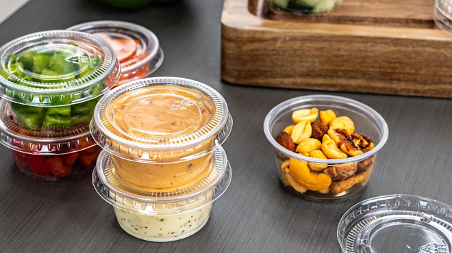 Amazon Basics Disposable Plastic To Go Cups and Lids 50 Count