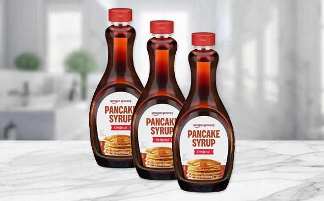 Amazon Grocery Original Pancake Syrup 3 Pack on a Table