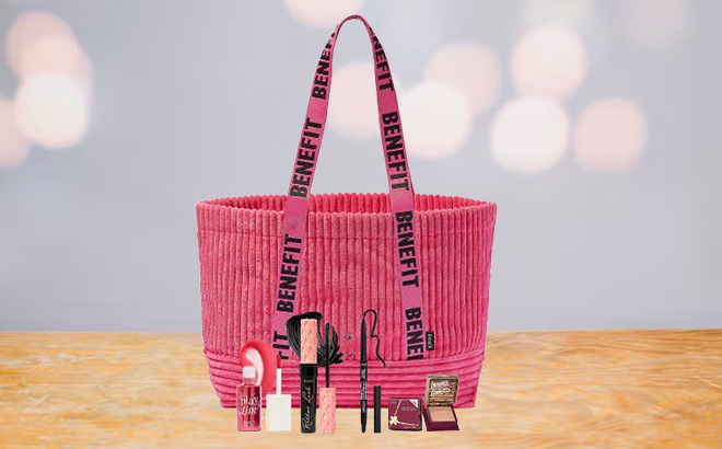 Benefit Cosmeti cs Holiday Icons 5 Piece Gift Set on a Table