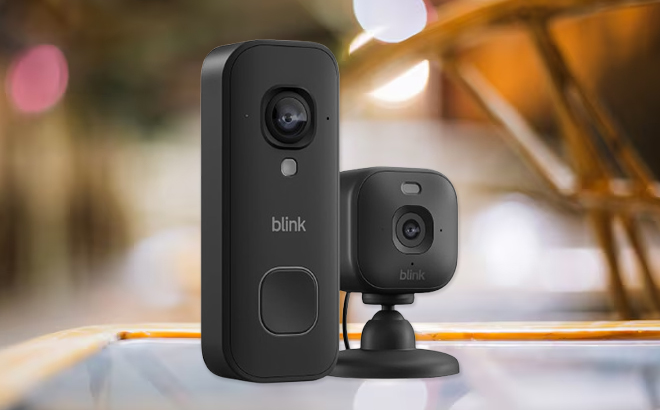 Blink Wired Doorbell 2K and Mini 2K Security Camera on a Table