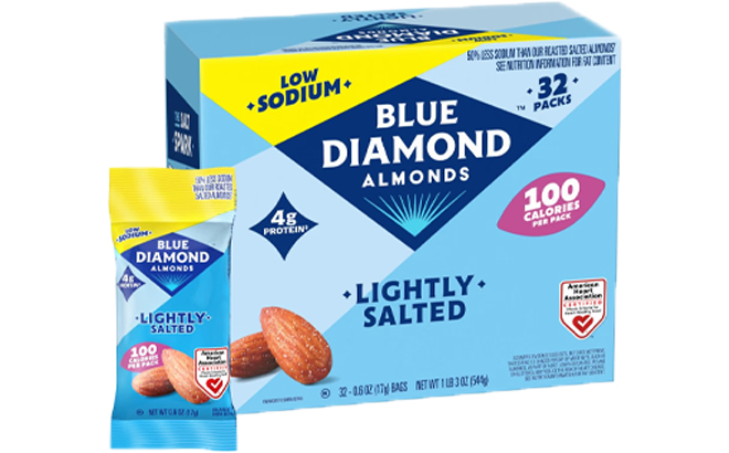 Blue Diamond Almonds Low Sodium Lightly Salted Snack Nuts 100 Calorie Packs 0 6 Ounce Pack of 32 1 Blue Diamond Almonds Low Sodium Lightly Salted Snack Nuts 100 Calorie Packs 0 6 Ounce Pack of 32 1