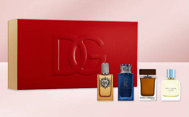 Dolce Gabbana 4 Piece Eau de Parfum Spray Mini Gift Set on a Pink Background