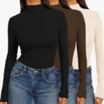 Ekouaer 3 Pack Womens Mock Turtleneck Tops in Black Brown and Beige