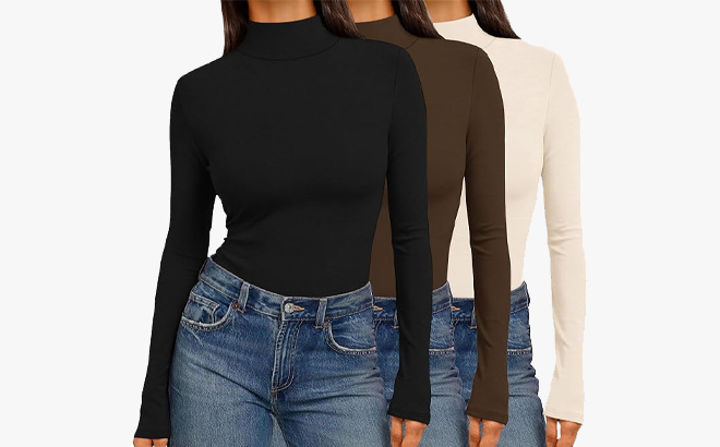 Ekouaer 3 Pack Womens Mock Turtleneck Tops in Black Brown and Beige