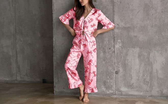 Ekouaer Silk Pajamas for Women Set Sleeve Ruffle Pjs Bow Tie Sleepwear Ekouaer Silk Pajamas for Women Set Sleeve Ruffle Pjs Bow Tie Sleepwear