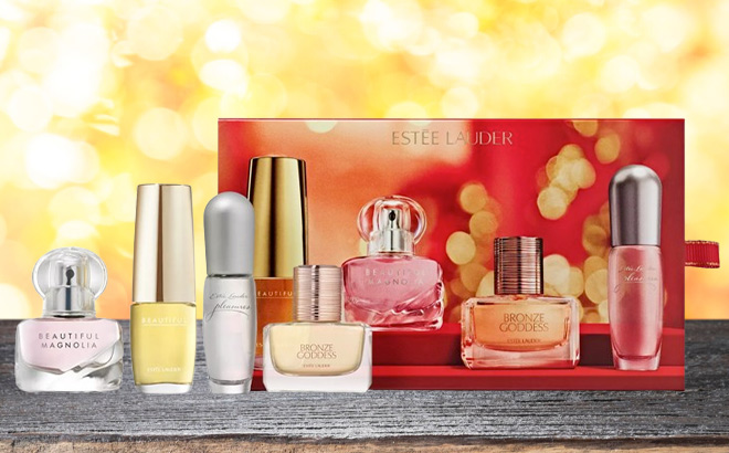 Estee Lauder 4 Piece Fragrance Treasures Mini Perfume Gift Set on the Table