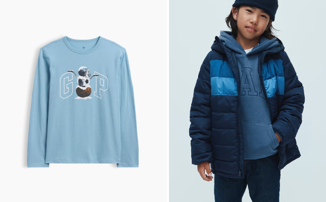 GAP Factory Kids Graphic T Shirt and Puffer Jacket GAP Factory Kids Graphic T Shirt and Puffer Jacket