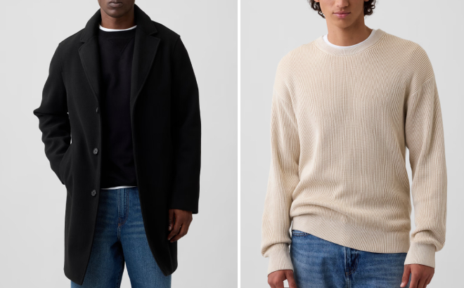 GAP Factory Relaxed Topcoat and Relaxed Fisherman Stitch Crewneck Sweater GAP Factory Relaxed Topcoat and Relaxed Fisherman Stitch Crewneck Sweater