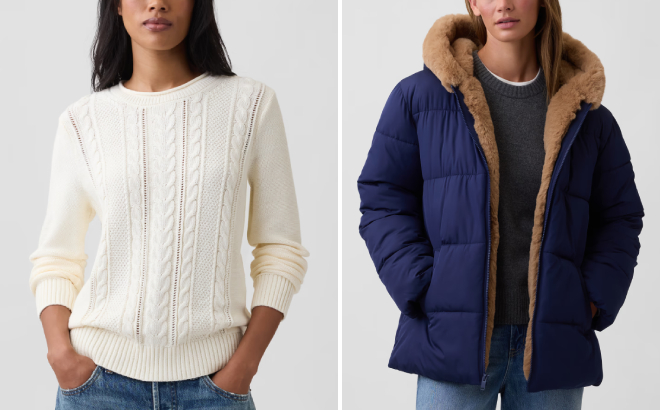 GAP Factory Rollneck Cable Knit Sweater and Relaxed Puffer Jacket GAP Factory Rollneck Cable Knit Sweater and Relaxed Puffer Jacket