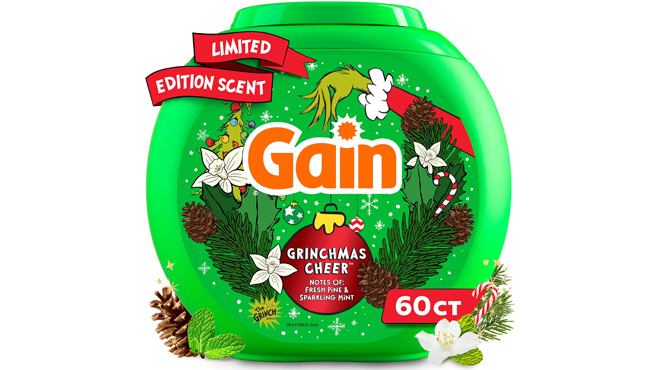Gain 60 Count Flings Liquid Washing Detergent Pods in Grinchmas cheer scent