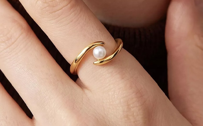 Genevieve Minimalist 14k Gold Plated Dainty Pearl Elegant Slim Band Ring Genevieve Minimalist 14k Gold Plated Dainty Pearl Elegant Slim Band Ring