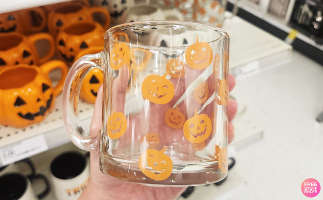 Hyde and EEK Glass Orange Pumpkin Scatter Print Mug