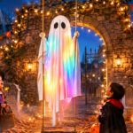 Kids Looking at 5 5 Foot Halloween Decorations Outdoor Large Hanging Swing Ghost