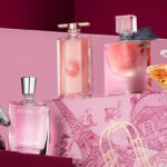 Lancome 5 Piece Perfume Sampler Holiday Gift Set on a Product Stand