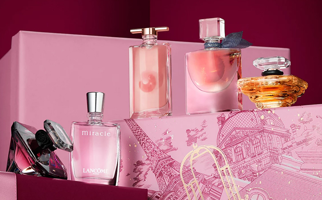 Lancome 5 Piece Perfume Sampler Holiday Gift Set on a Product Stand