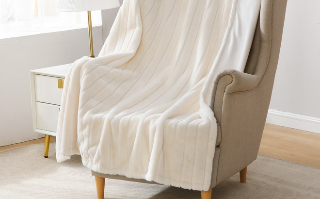 Mainstays Striped Faux Fur Throw Blanket in Cream