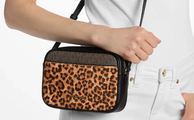 Michael Kors Jet Set Travel Leopard Print Calf Half and Signature Logo Camera Crossbody Bag