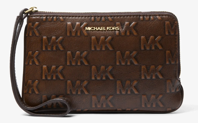Michael Kors Jet Set Travel Small Burnished Logo Embossed Wristlet in Chocolate Color