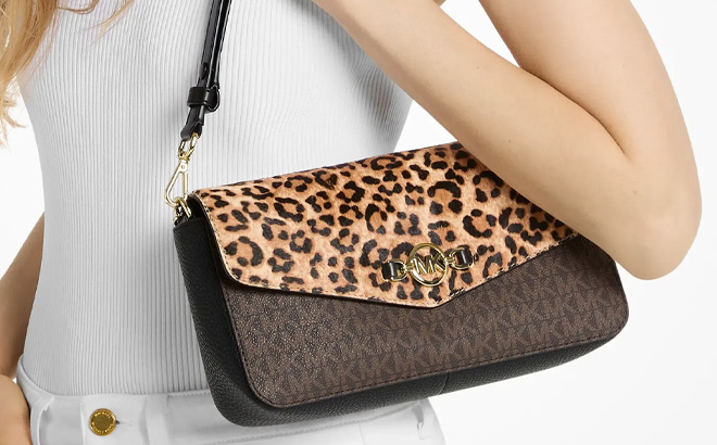 Michael Kors Kacey Medium Signature Logo and Leopard Print Calf Hair Shoulder Bag