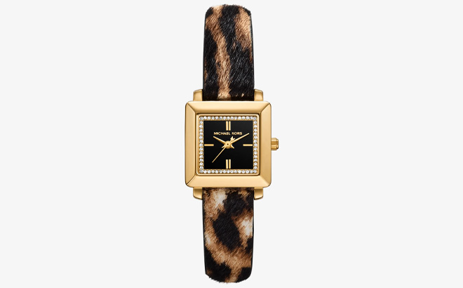 Michael Kors Petite Gwynn Pave Gold Tone and Leopard Print Calf Hair Strap Watch