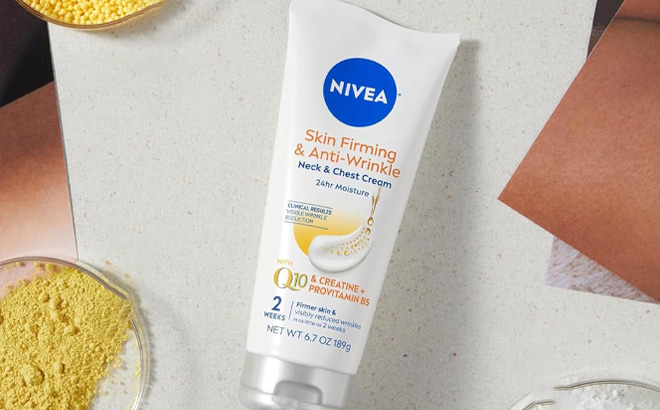 Nivea Skin Firming Anti Wrinkle Neck Chest Cream on the Table