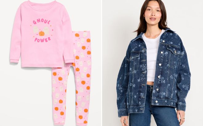 Old Navy Toddler Snug Fit Graphic Pajama Set and Oversized Floral Print Jean Trucker Jacket
