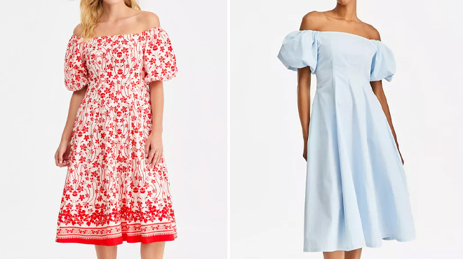 On 34th Womens Off The Shoulder Puff Sleeve Midi Dress