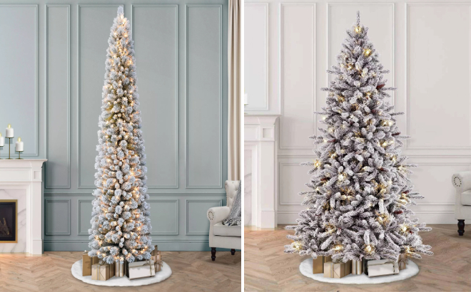 Puleo International 7.5ft Pre-Lit Artificial Pine Tree and Pre-lit Flocked Birmingham Fir Artificial Christmas Tree Puleo International 7.5ft Pre-Lit Artificial Pine Tree and Pre-lit Flocked Birmingham Fir Artificial Christmas Tree