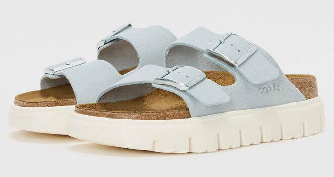 Papillio by Birkenstock Arizona Platform Womens Slide Sandals in Baby Blue Papillio by Birkenstock Arizona Platform Womens Slide Sandals in Baby Blue
