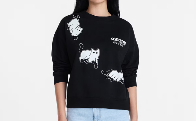 Scaredy Cat Club Womens Halloween Graphic Crew Pullover Scaredy Cat Club Womens Halloween Graphic Crew Pullover