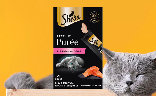 Sheba Premium Purees 4 Count in the Box with Cat