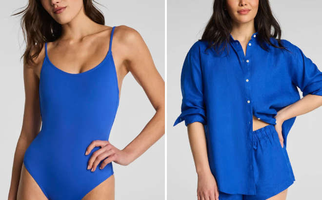 Spanx Swim Scoop Neck One Piece and Beach Button Down