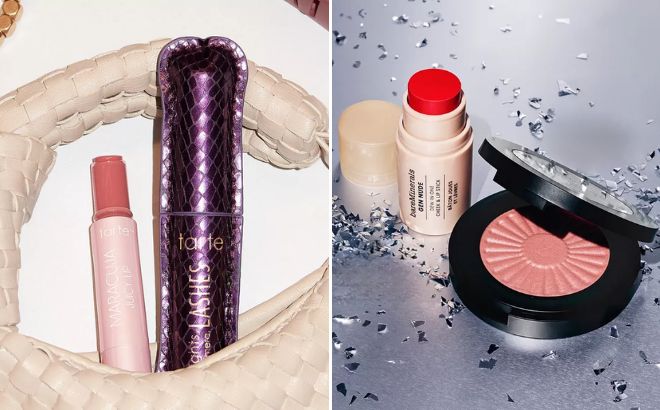 Tarte 2 Piece Mascara Maracuja Juicy Lip Balm Duo Set and bareMinerals 2 Piece Kiss of Color Blush Lipstick Duo Set
